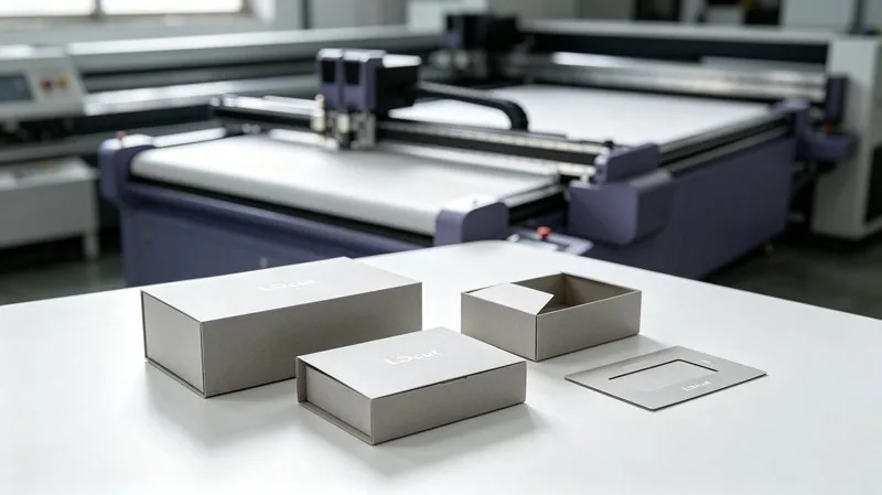 Cortadora digital LDCUT procesando cartulina y cartón gris para producción de empaque