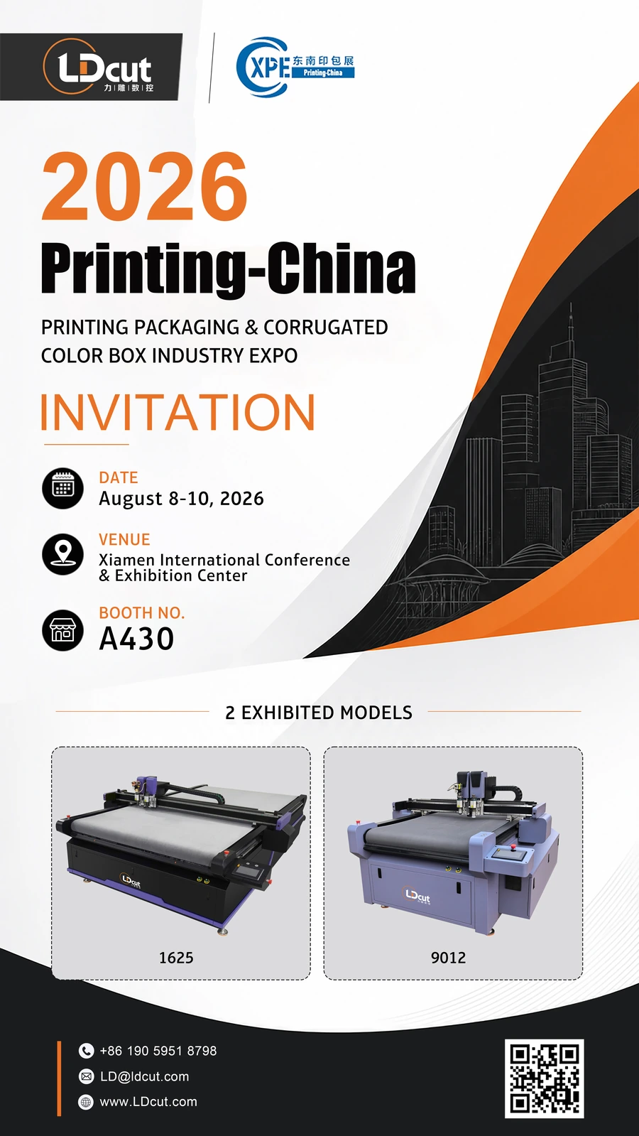 LDCUT at CXPE Xiamen 2026 poster - 2026 Printing-China, printing packaging and corrugated color box industry expo, booth A430, 8-10 August 2026