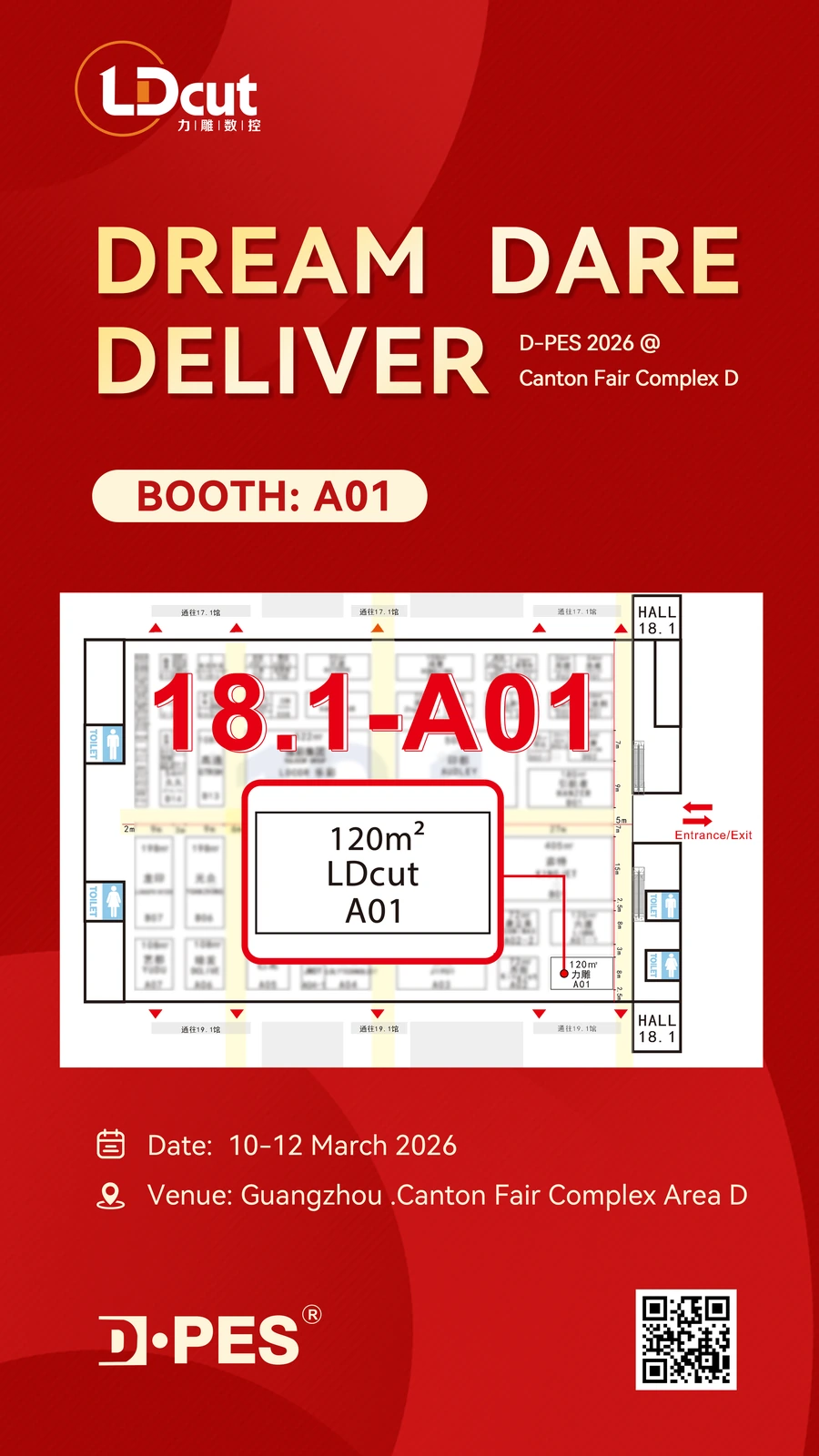 Stand de LDCUT 18.1-A01, un stand de 120 metros cuadrados en el Hall 18.1 de DPES CHINA 2026, Canton Fair Complex Área D, Cantón