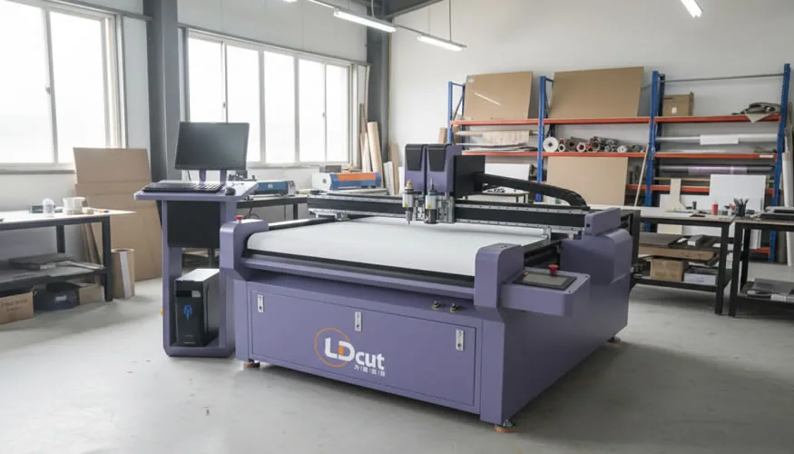Digital cutter machine cutting various materials including corrugated cardboard, foam, and PVC